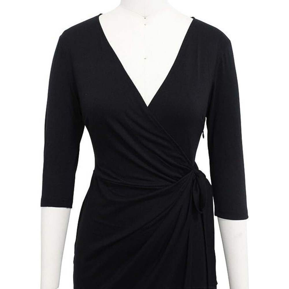 Women's‎ Faux Wrap Dress by Sunglory Black 3/4 Sleeve Size M New With Tags - Picture 8 of 12